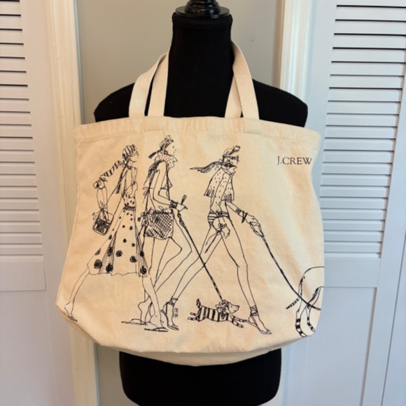 J.Crew Beige Tote Bag Three Parisian Women & Dogs - Picture 1 of 4